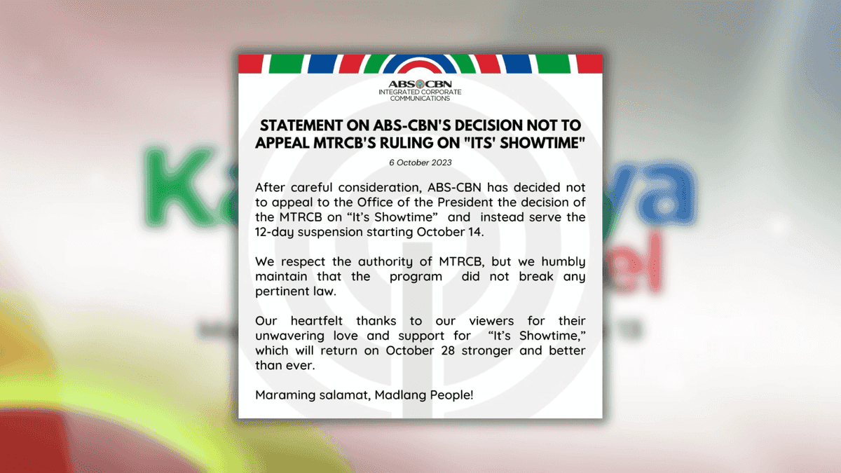 ABS-CBN to not appeal ‘It’s Showtime’ suspension