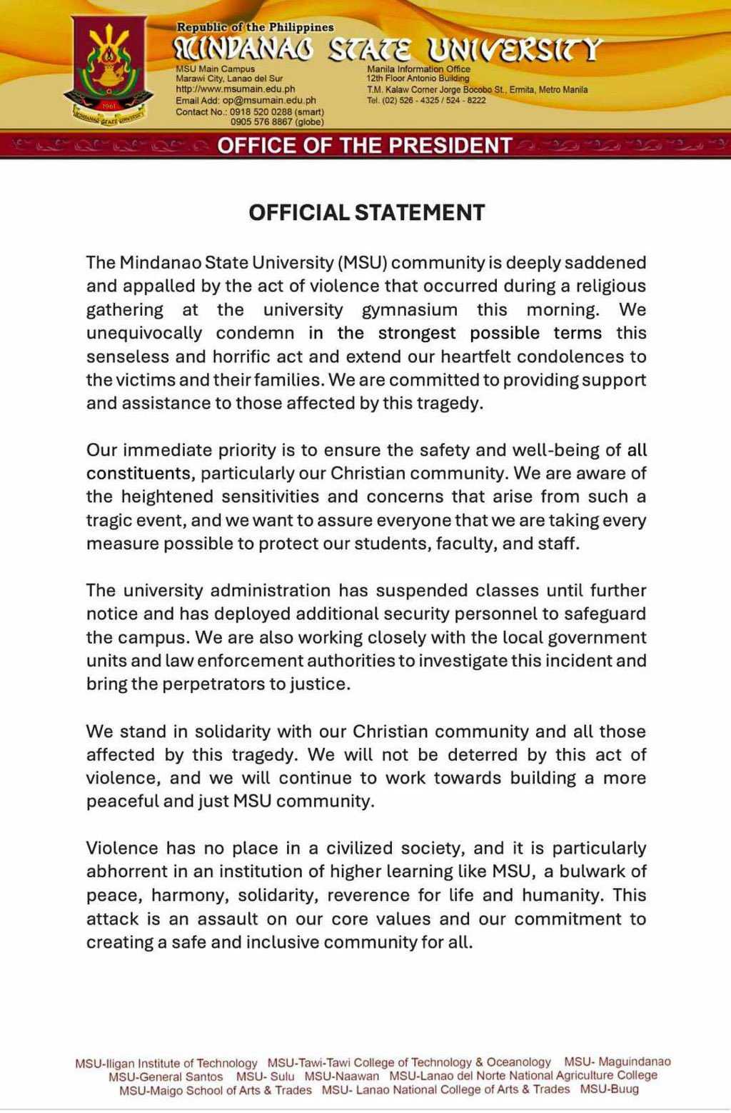 Diplomatic community condemns Mindanao State University bombing