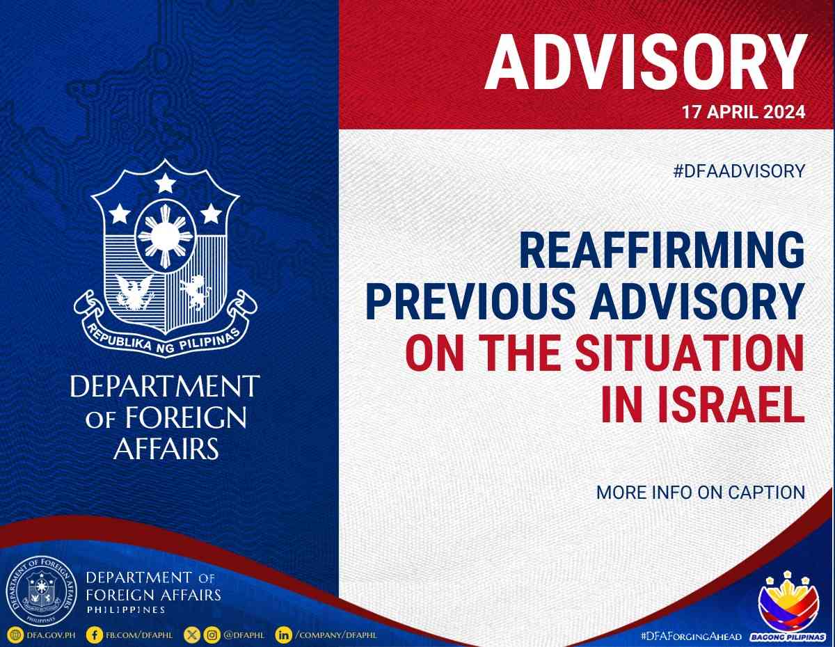 DFA reaffirms previous advisory on situation in Israel