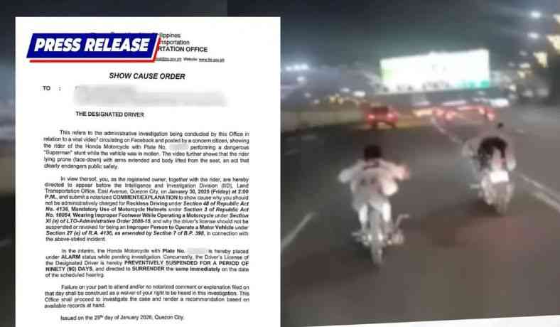 LTO issues show cause order vs. motorcycle owner, driver over viral 'Superman stunt' video