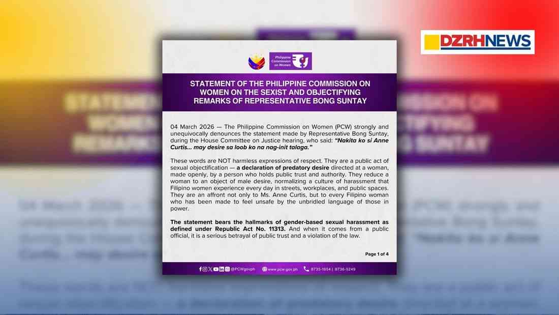PCW urges Rep. Bong Suntay to undergo gender sensitivity training following sexist remarks on Anne Curtis