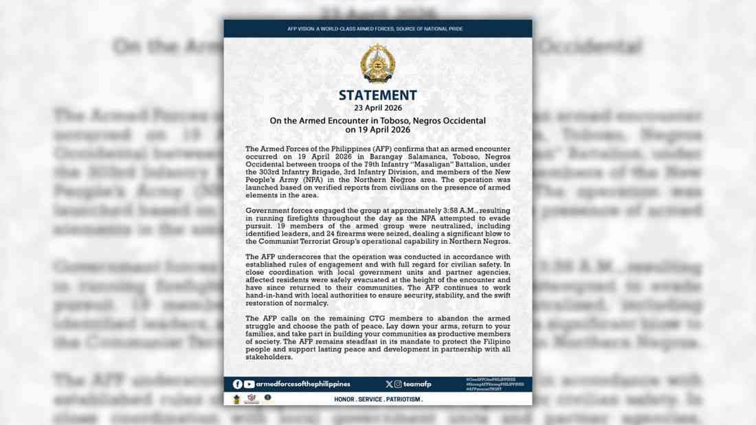 AFP maintains adherence to ‘established rules of engagement’ during fatal Toboso encounter