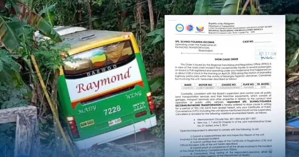 LTFRB issues show cause order vs bus operator, driver in Camarines Sur crash