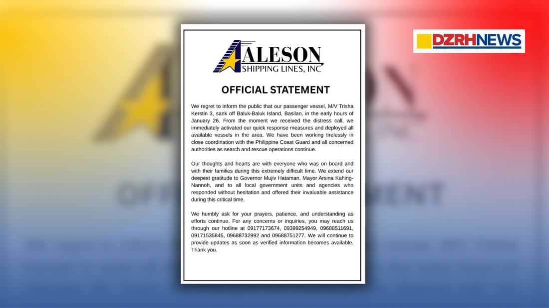 Aleson Shipping Lines confirms sinking of MV Trisha Kerstin 3 off Basilan