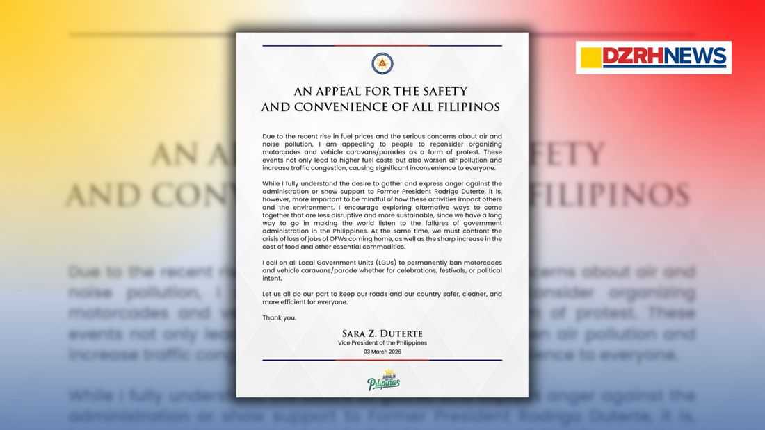 VP Duterte urges LGUs to ban motorcades, cites fuel costs and pollution concerns