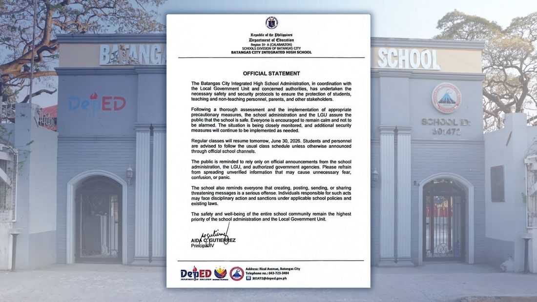 Batangas high school to resume classes on June 30 following assessment, security protocol implementation