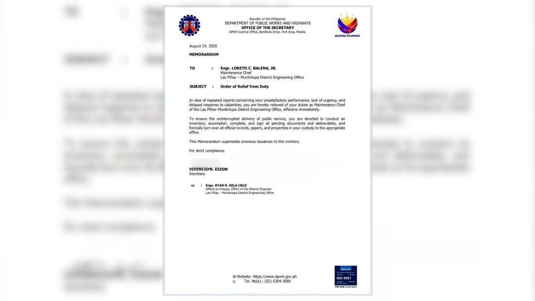 Las Piñas-Muntinlupa DEO maintenance chief dismissed over ‘lack of urgency’ amid calamity, neglect of duties — Dizon