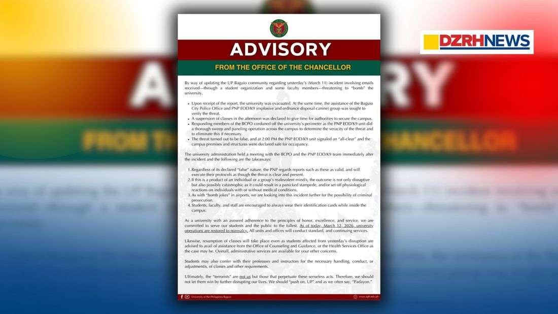 UP Baguio declares ‘all-clear’ after bomb threat, resumes normal operations