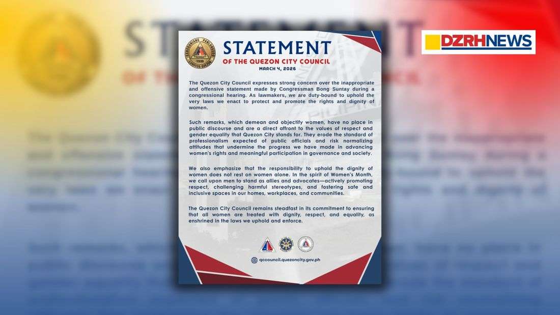 Quezon City Council condemns Suntay’s remarks, urges upholding of women’s dignity