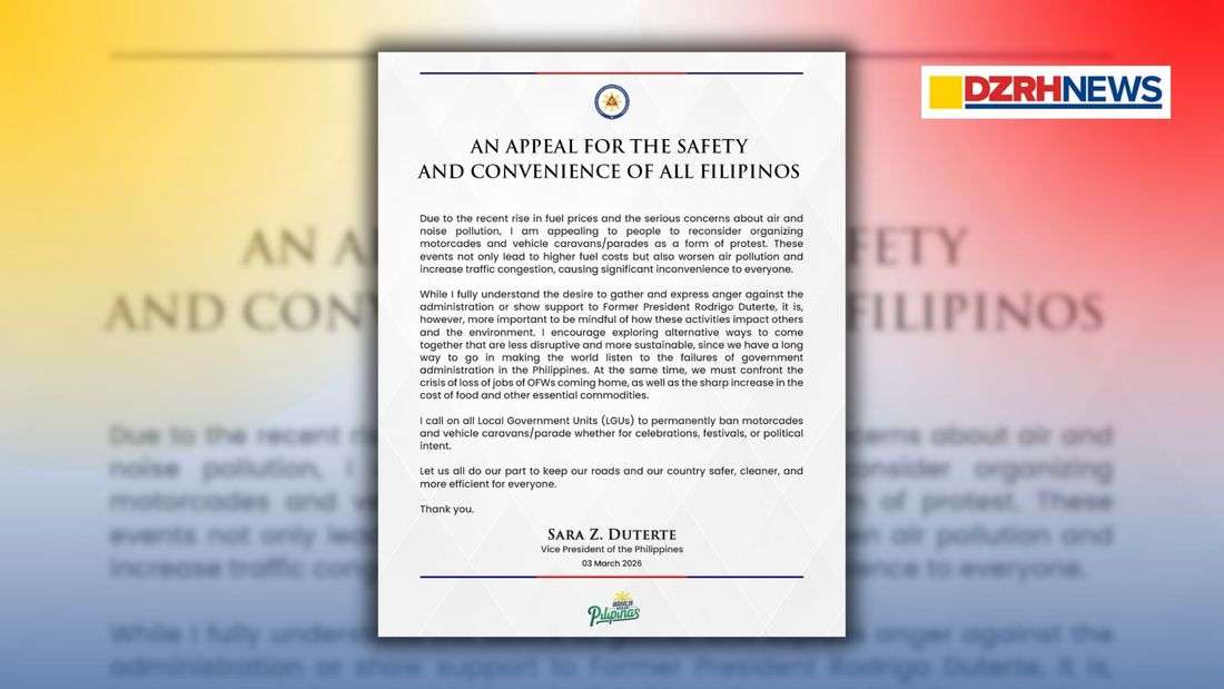 VP Duterte urges LGUs to ban motorcades, cites fuel costs and pollution concerns