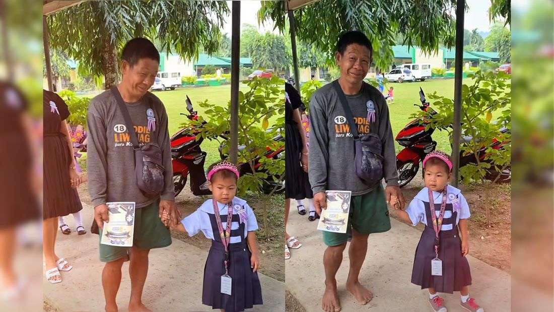 Barefoot dad earns praise for humility, support at daughter’s moving-up ceremony