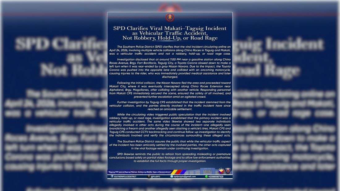 Vehicular collision along Chino Roces an accident; not robbery, hold-up, or road rage — SPD