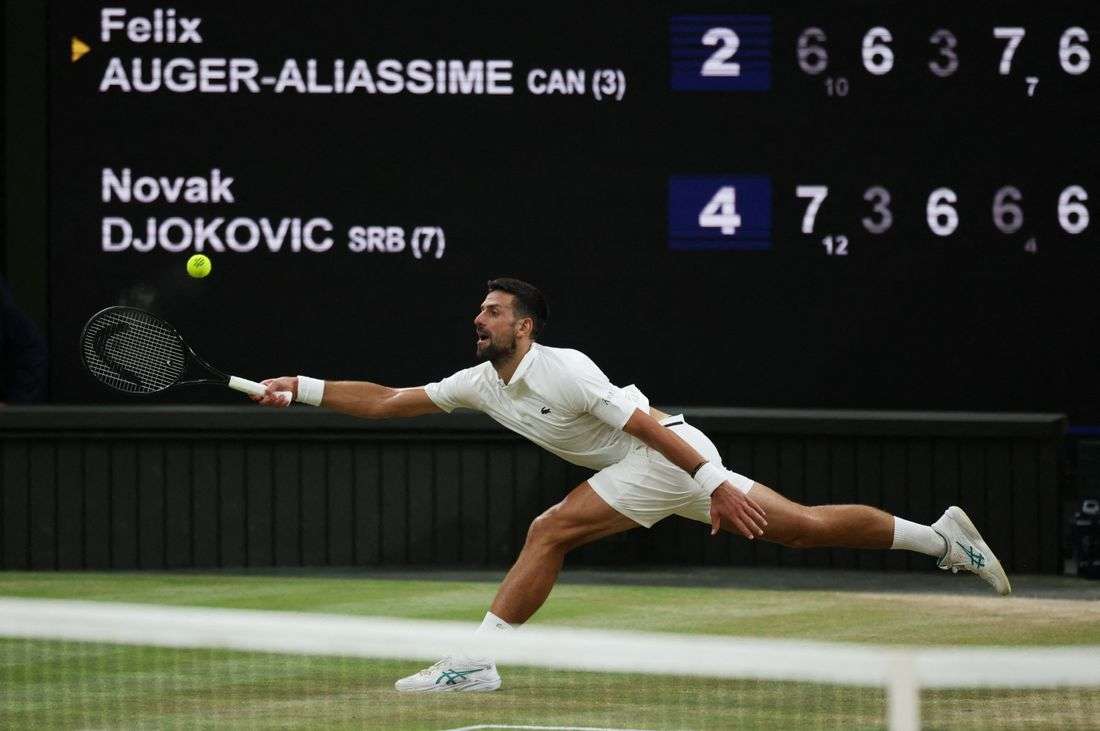 Tennis-'Racket and heart' as Djokovic tames Auger-Aliassime to return to Wimbledon semis