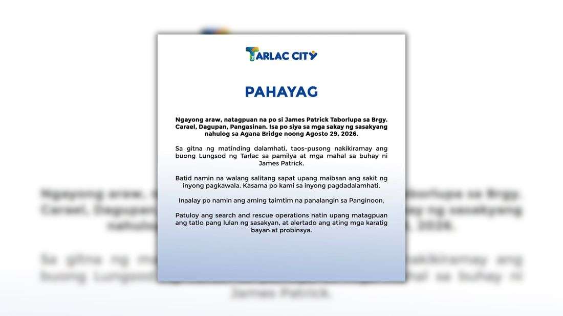Remains of one of four passengers missing after Agana Bridge collapse found — Tarlac mayor