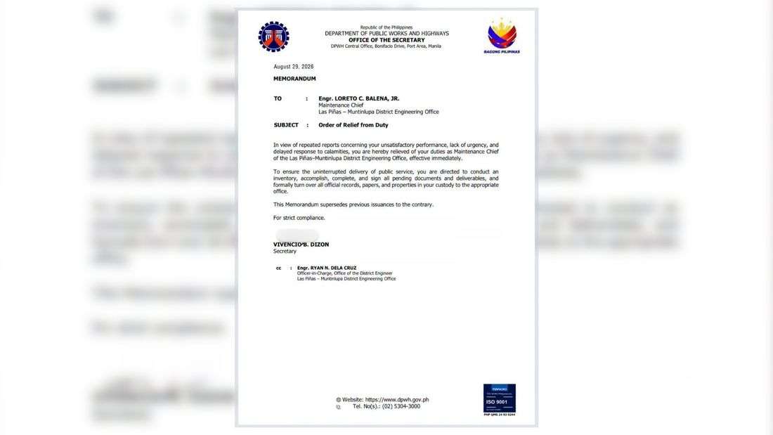 Las Piñas-Muntinlupa DEO maintenance chief dismissed over ‘lack of urgency’ amid calamity, neglect of duties — Dizon