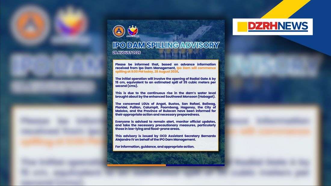 Ipo dam to begin releasing water at 9 PM amid rising levels due to Habagat