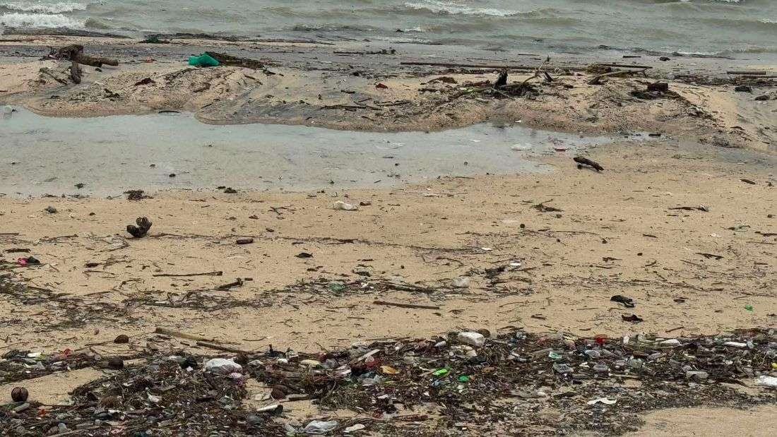 Trash piles up along Manila Bay Dolomite Beach after monsoon rains