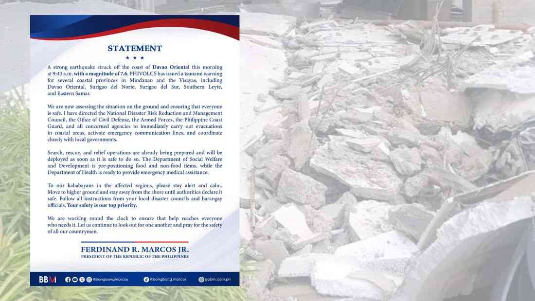 PBBM orders immediate evacuation, rescue efforts after 7.4-magnitude quake hits Davao Oriental