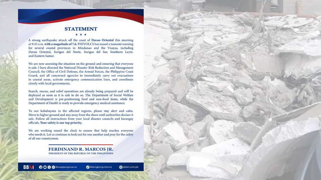 PBBM orders immediate evacuation, rescue efforts after 7.4-magnitude quake hits Davao Oriental