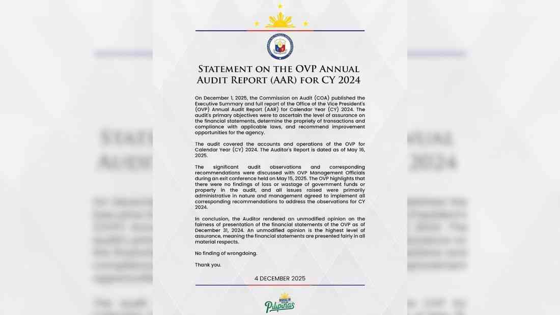 OVP cites 'no loss of funds' after COA issues 'unmodified opinion'