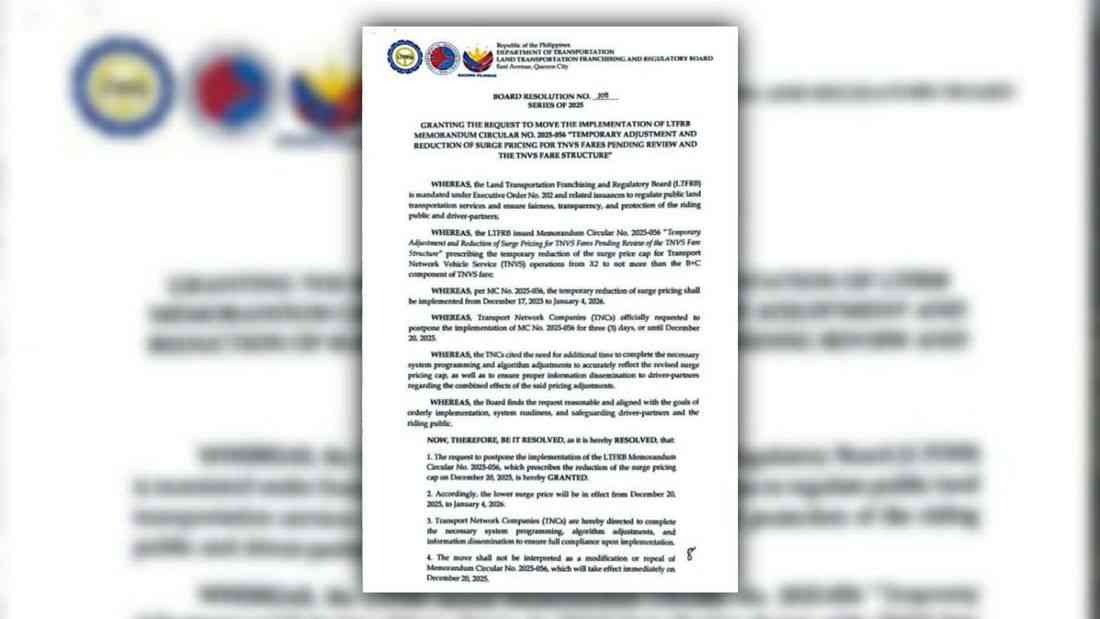 LTFRB delays implementation of reduced TNVS surge pricing until December 20