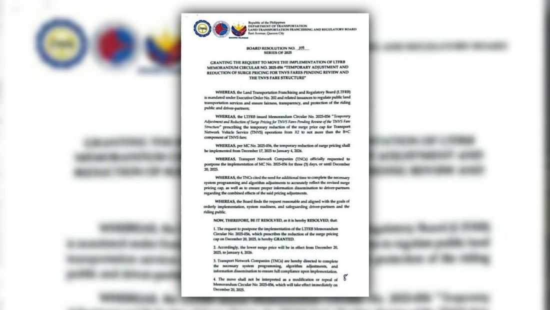 LTFRB delays implementation of reduced TNVS surge pricing until December 20