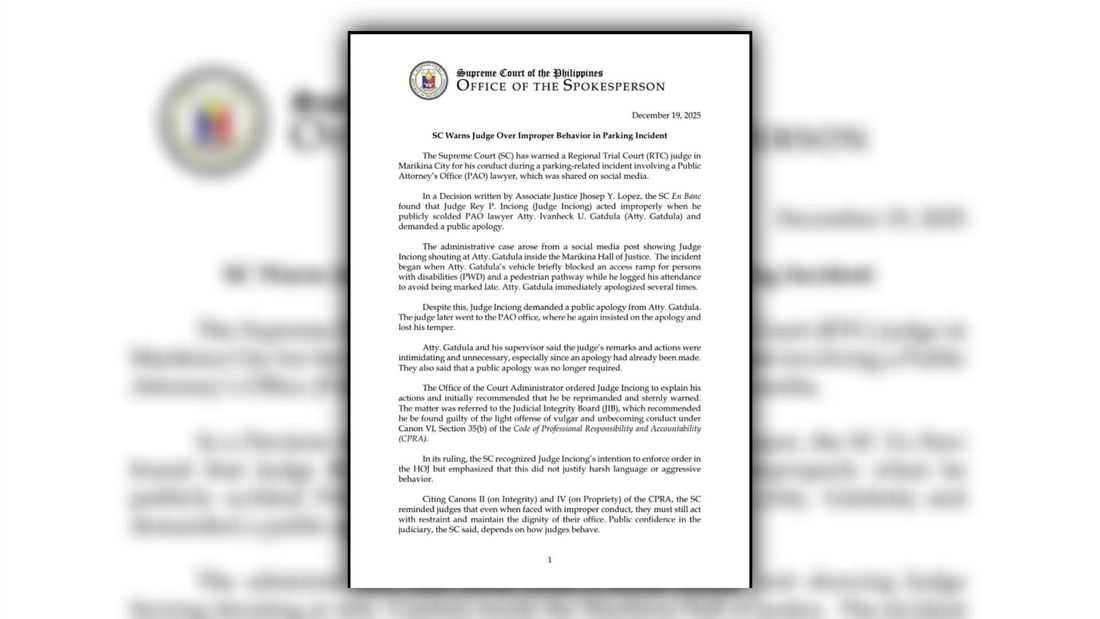 Supreme Court warns Marikina judge over improper conduct in parking incident