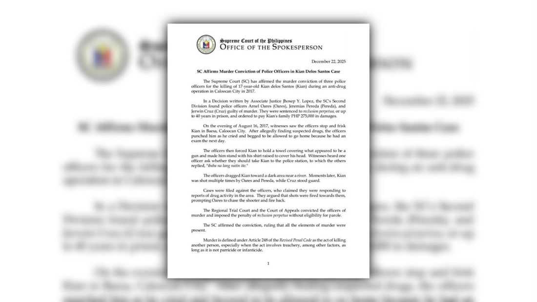 Supreme Court affirms murder conviction of police officers in Kian delos Santos case