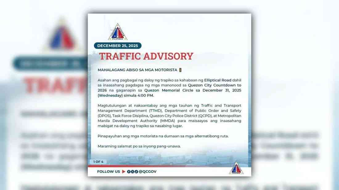 Traffic advisory issued for QC Countdown to 2026 at Quezon Memorial Circle