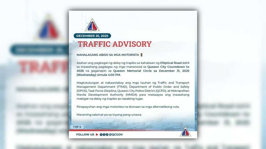 Traffic advisory issued for QC Countdown to 2026 at Quezon Memorial Circle