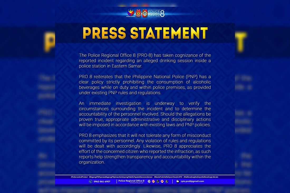 PNP investigates alleged drinking session inside Eastern Samar Police Station