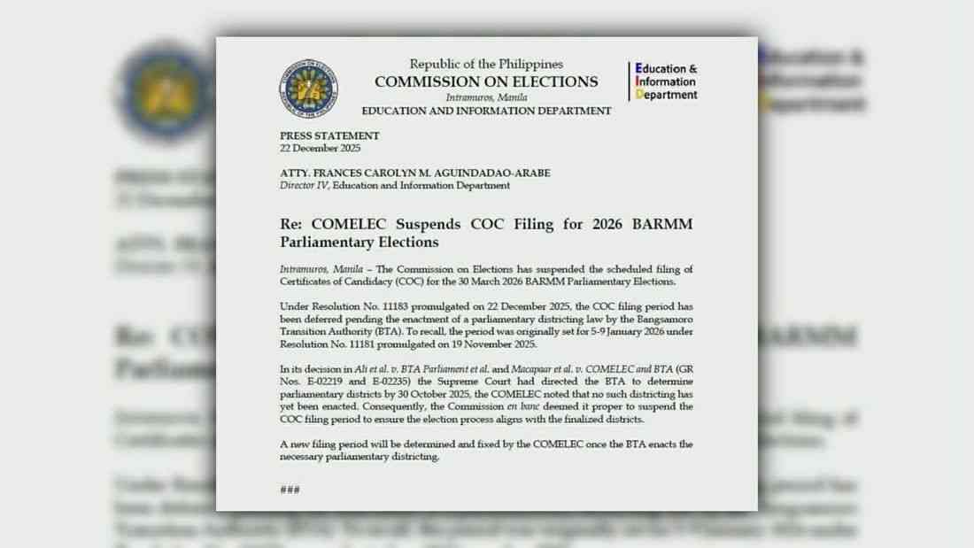 COMELEC suspends COC filing for 2026 Bangsamoro Parliamentary Elections