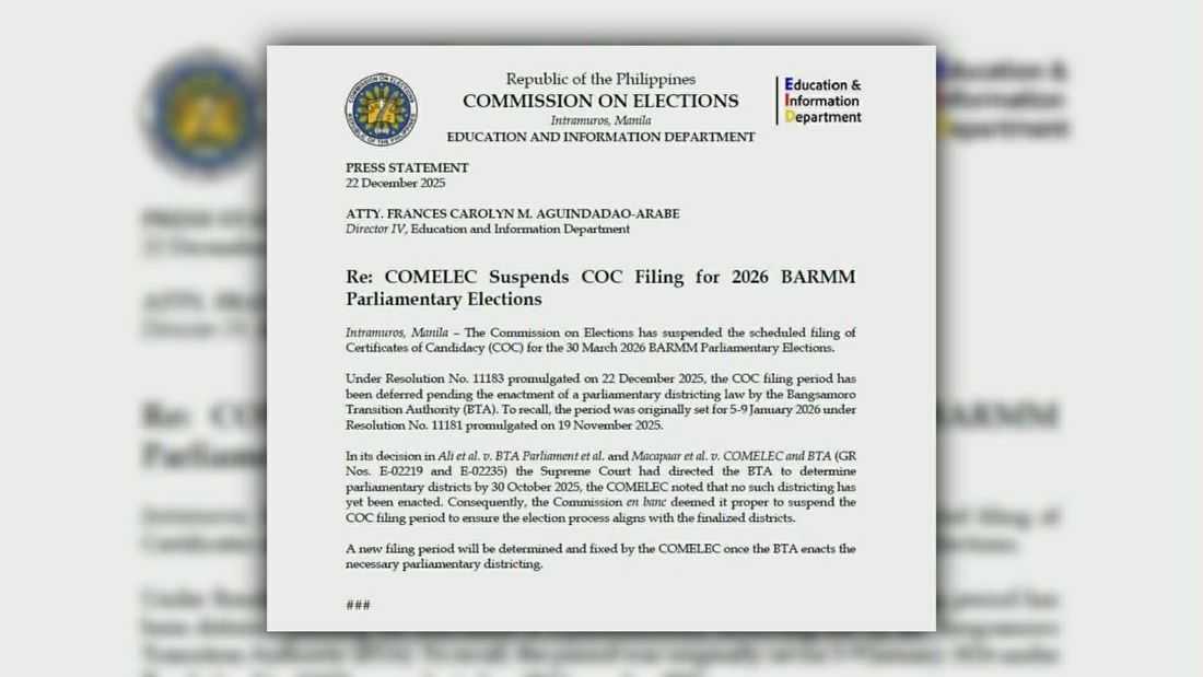 COMELEC suspends COC filing for 2026 Bangsamoro Parliamentary Elections