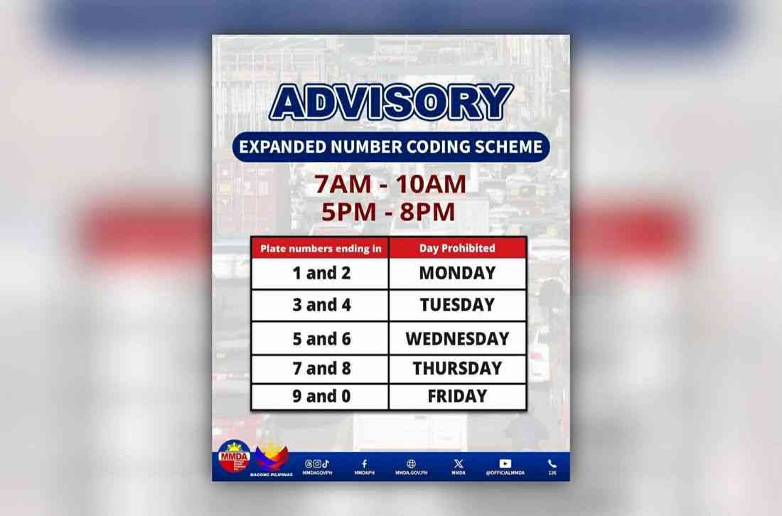 MMDA reminds motorists of expanded number coding hours in Metro Manila