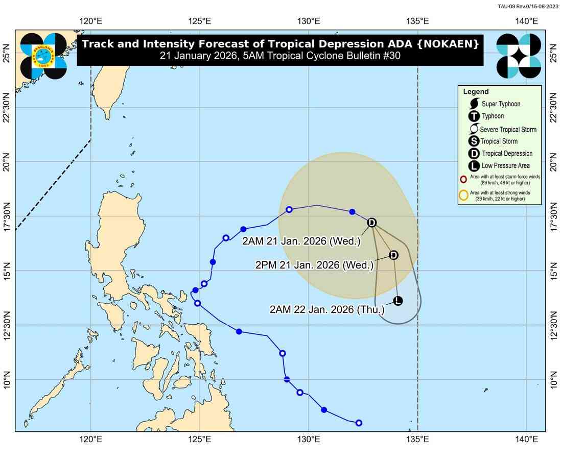 TD Ada moves east-southeastward; no wind signals raised