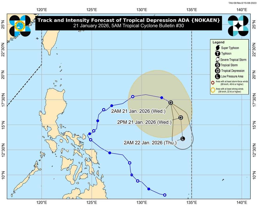 TD Ada moves east-southeastward; no wind signals raised