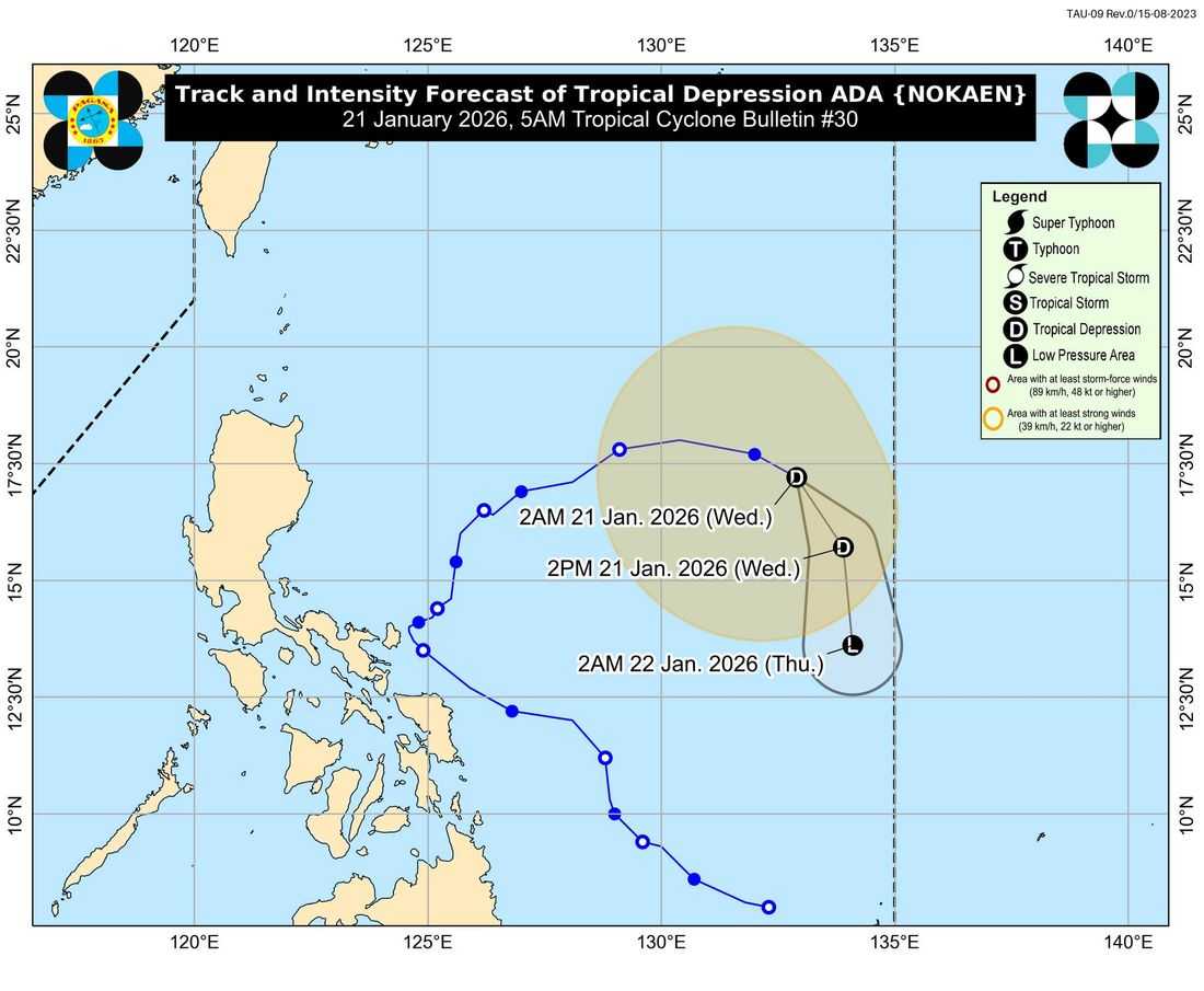 TD Ada moves east-southeastward; no wind signals raised