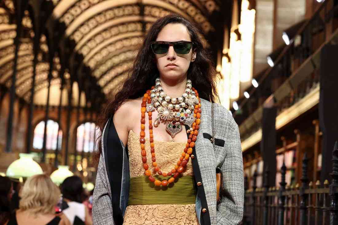 Valentino unveils corset tops and chunky jewellery at fashion show in 19th-century Paris library