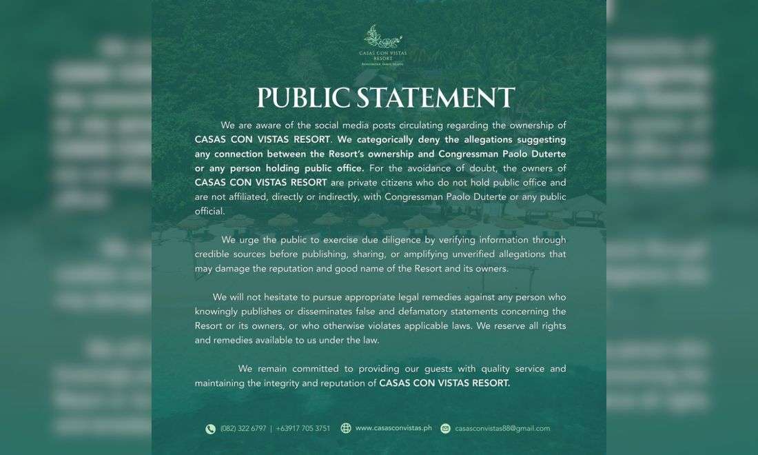 Resort owner in Davao City denies alleged link to Rep. Pulong Duterte