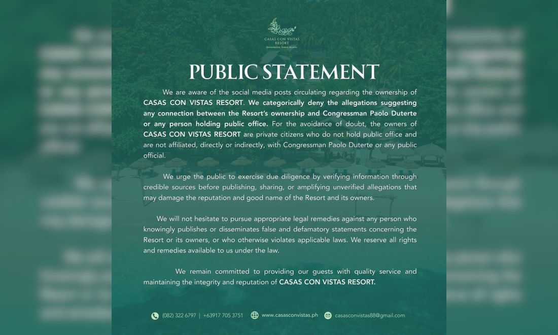 Resort owner in Davao City denies alleged link to Rep. Pulong Duterte