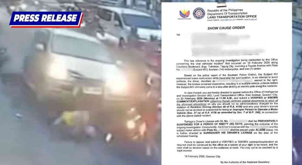 LTO suspends driver for 90 days, places SUV under ALARM status amid Taguig multiple-vehicle collision