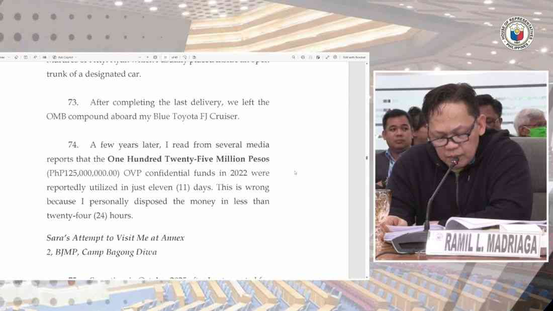 Alleged Duterte aide says P125 million OVP confidential funds spent in less than 24 hours