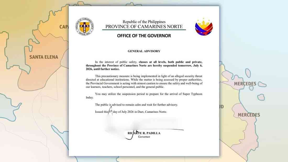 Camarines Norte suspends Monday classes