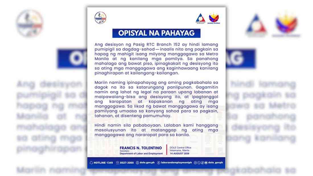 DOLE to invoke legal remedies vs. delay in ₱85 wage hike