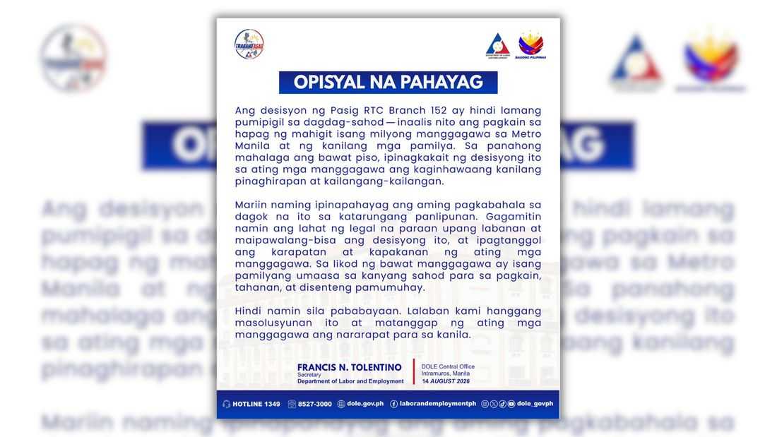 DOLE to invoke legal remedies vs. delay in ₱85 wage hike