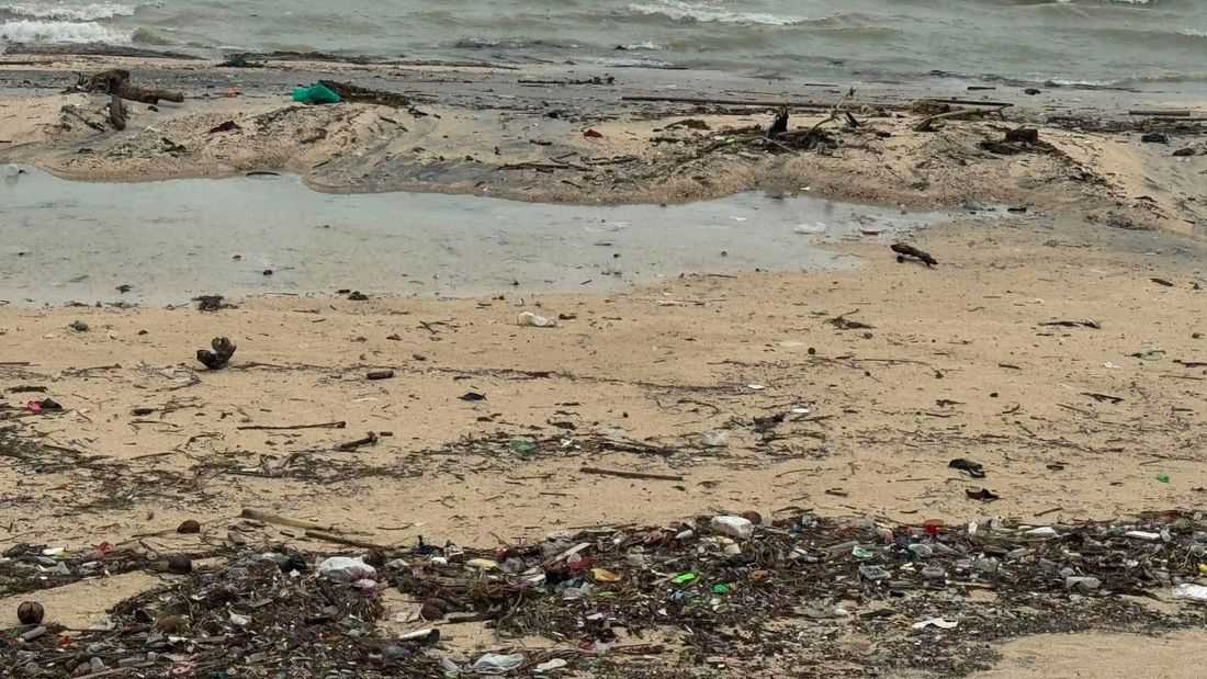 Trash piles up along Manila Bay Dolomite Beach after monsoon rains