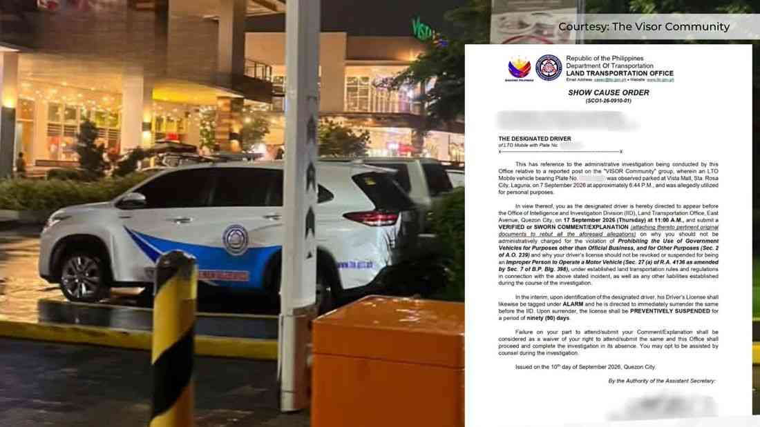 LTO issues show-cause order vs driver of patrol vehicle parked at Laguna mall