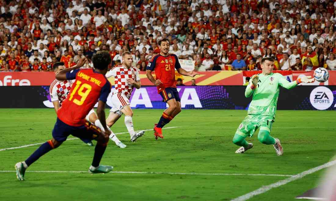Soccer-Lamine nets double as Spain win again and England beat 10-man Czechs