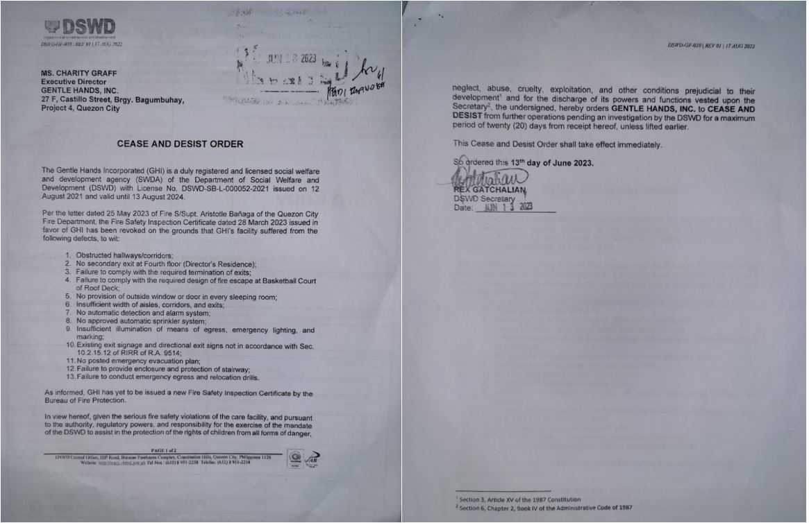 DSWD issues another cease-and-desist order against Gentle Hands