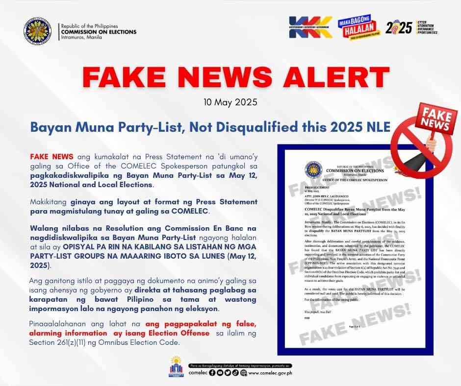 Bayan Muna Party-list not disqualified from 2025 polls, says Comelec